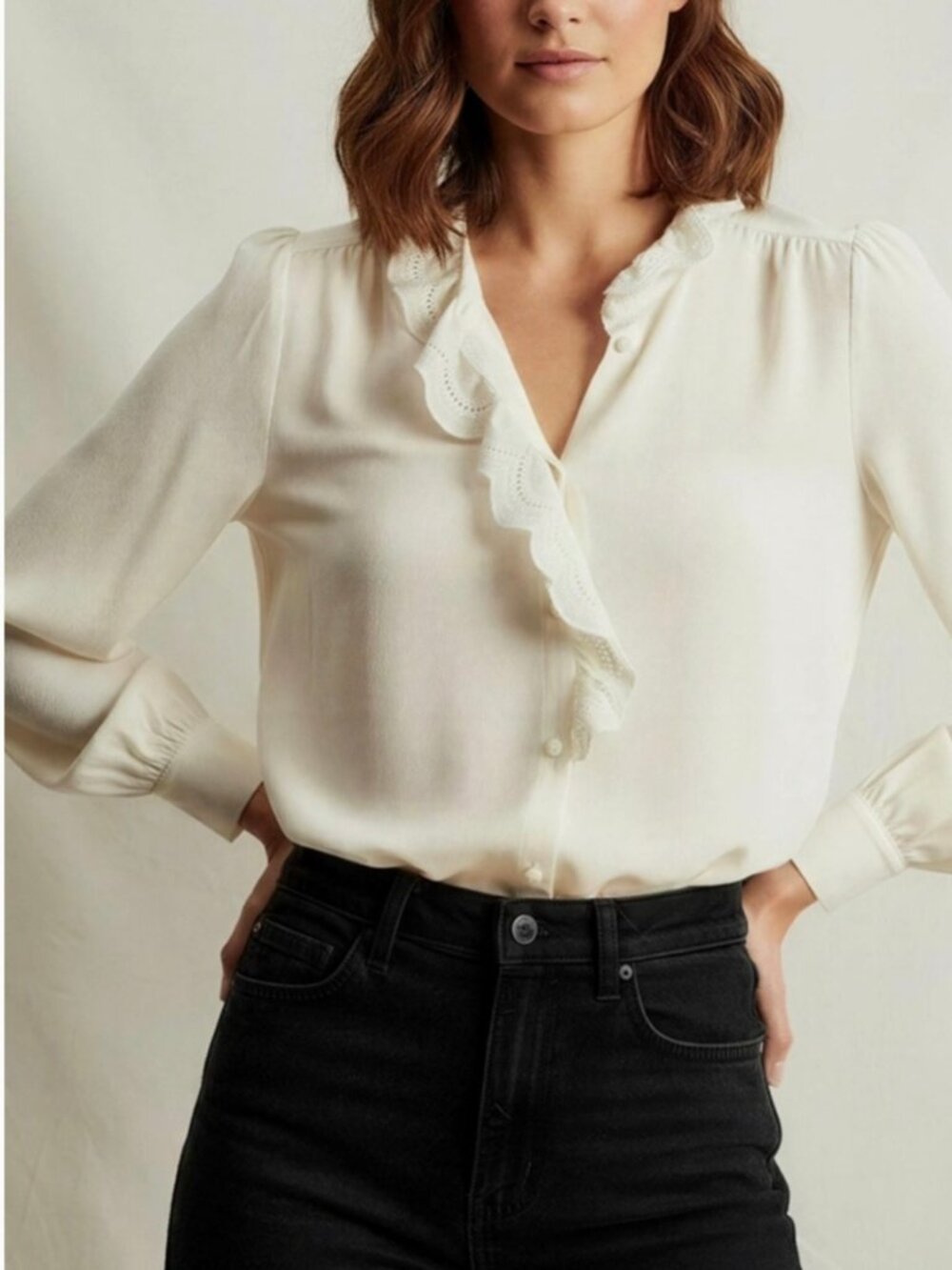 Sezane Rosine V Neck Ruffle Front Button-Down Shirt In Creamy Off White